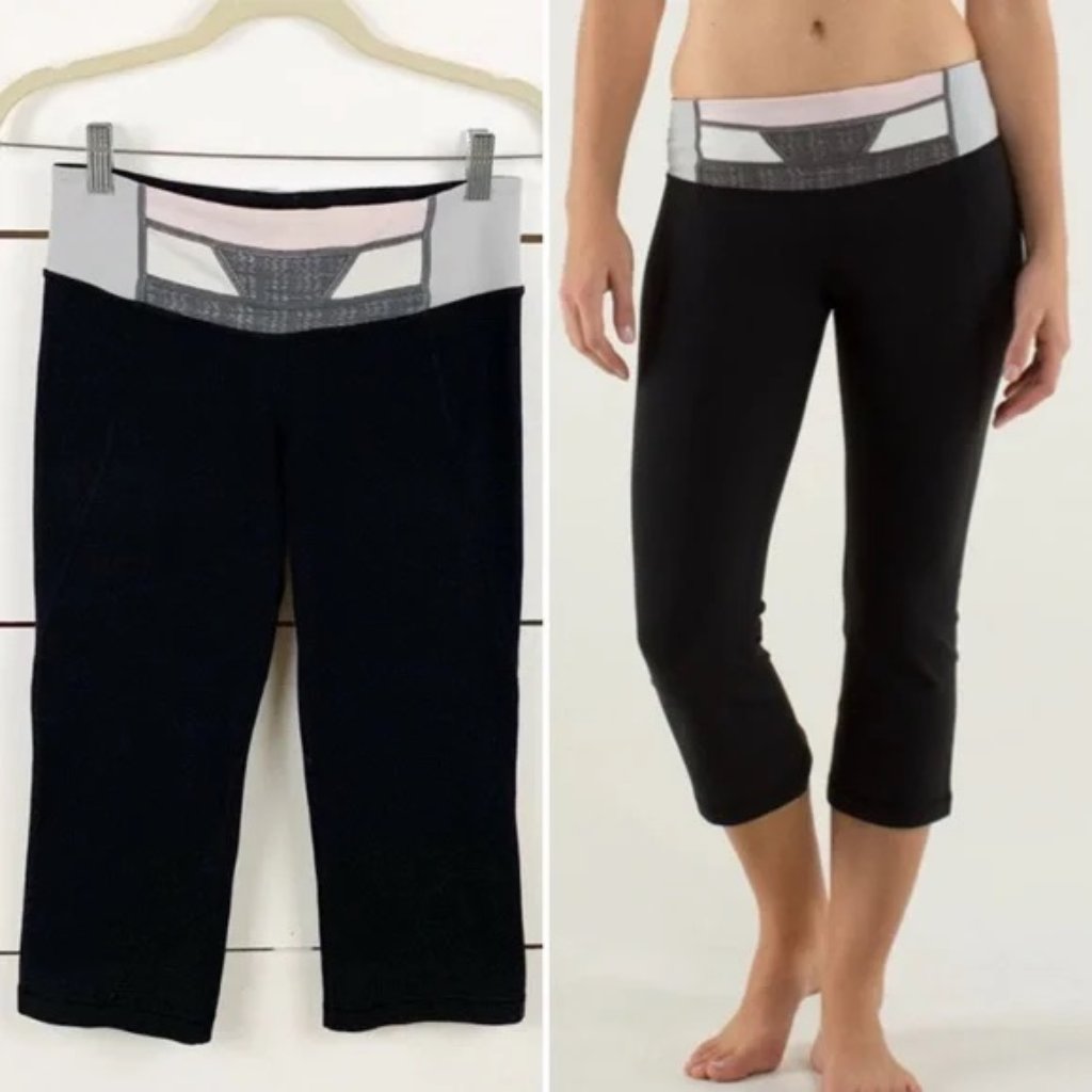 Lululemon Gather & Crow Crops Black Gray Light Pink Quilt 18 Size 6 Full-On Luon